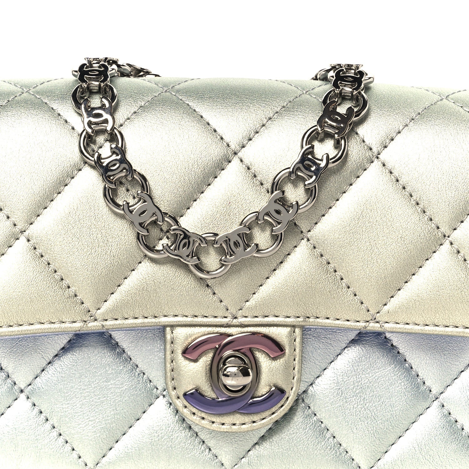 Chanel Gradient Metallic Calfskin Quilted Clutch Silver Blue Yellow Purple