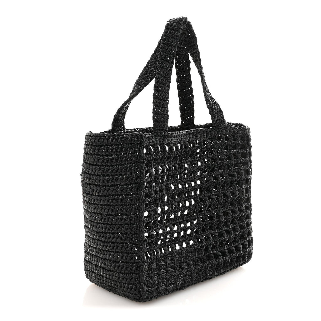 Prada Yarn Raffia Effect Crochet Logo Embroidered Small Tote Bag Black