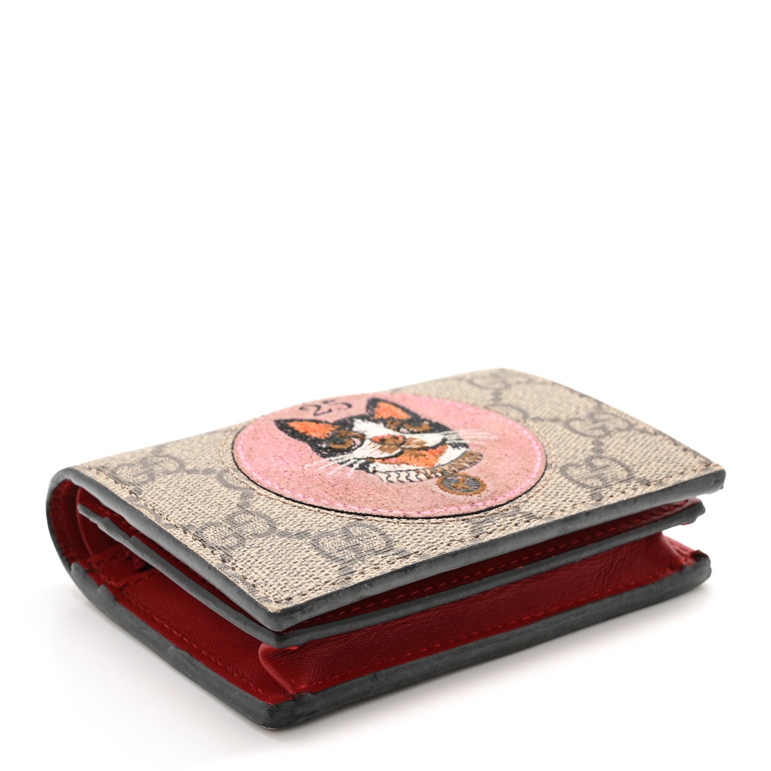 Gucci GG Supreme Monogram Bosco Patch Card Case Wallet Beige Malva Hibiscus Red