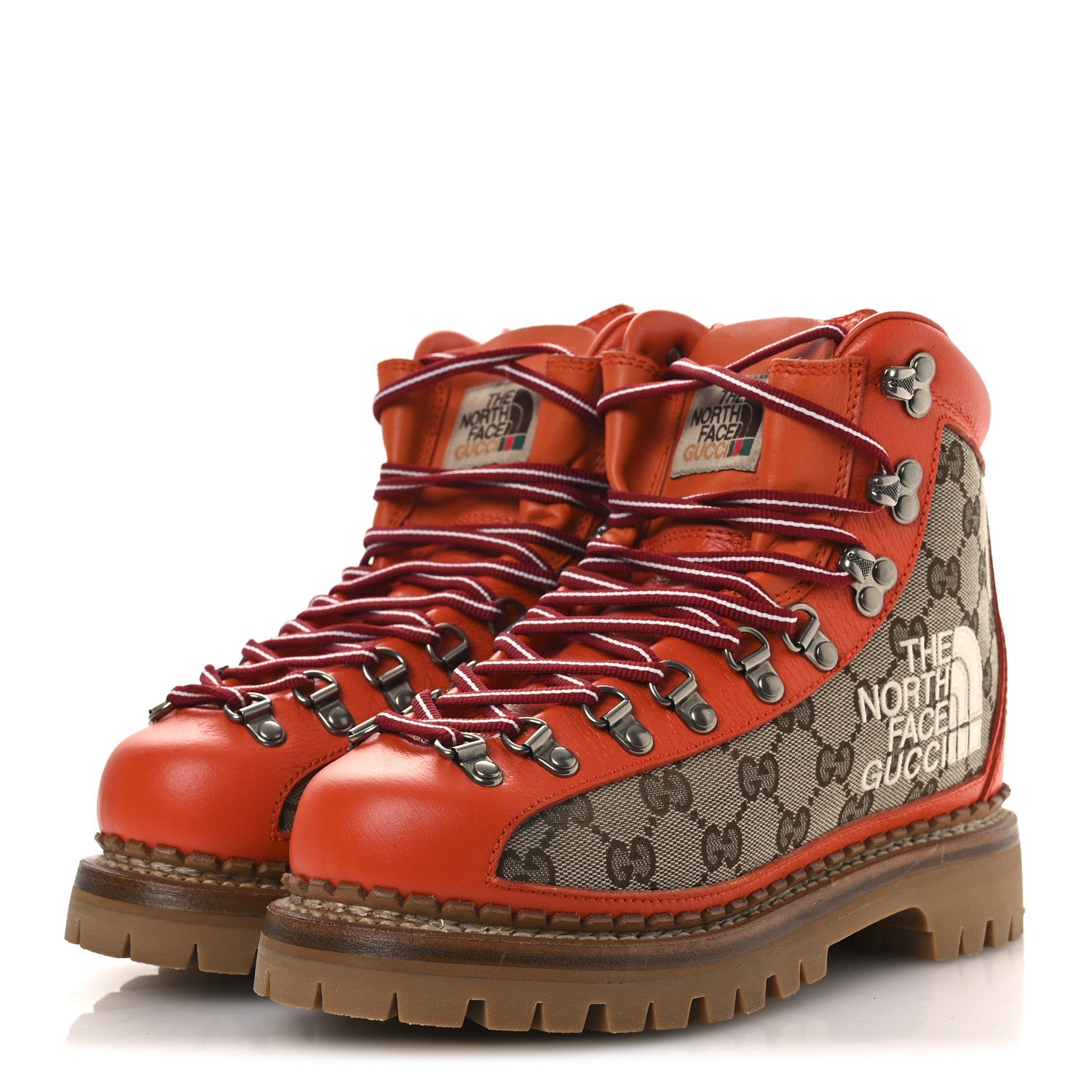 Gucci X THE NORTH FACE Monogram Textured Calfskin Hiking Ankle Boots 37 Beige Ebony Deep Orange