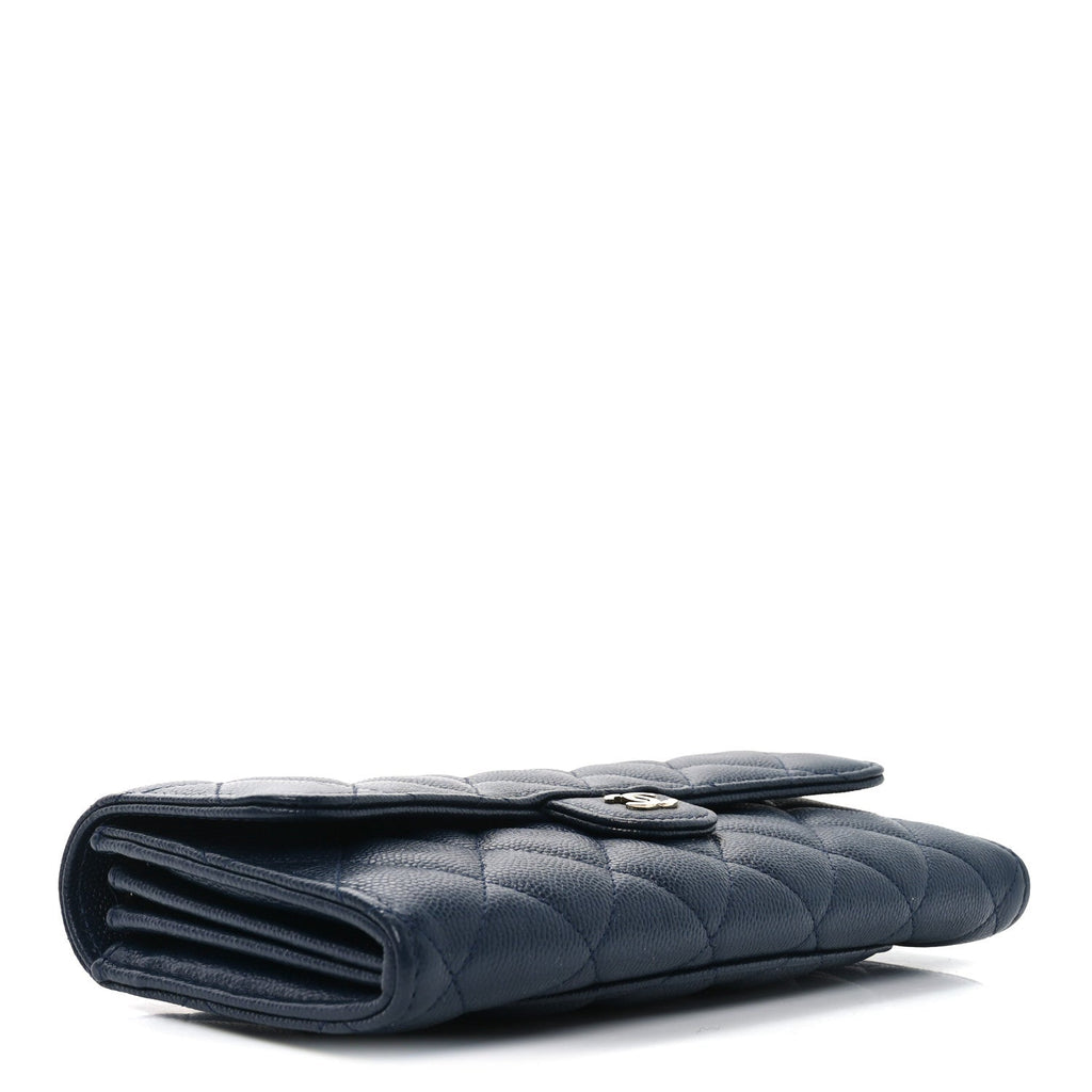 Caviar Quilted Large Gusset Flap Wallet Navy