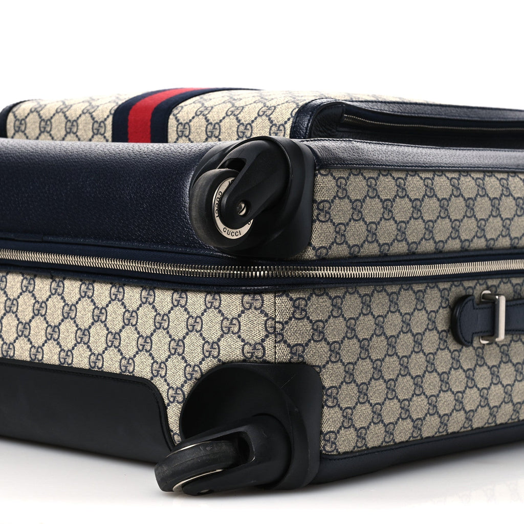 Gucci GG Supreme Monogram Textured Dollar Calfskin Web Large Savoy Trolley Suitcase Beige Blue