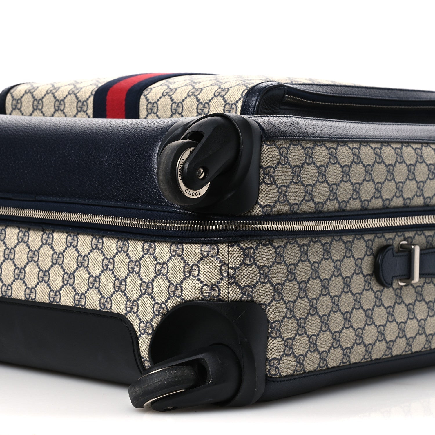Gucci GG Supreme Monogram Textured Dollar Calfskin Web Large Savoy Trolley Suitcase Beige Blue