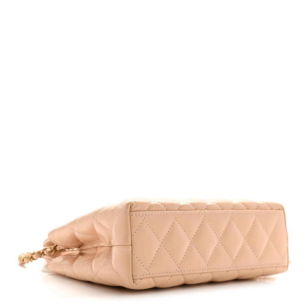 Chanel Shiny Aged Calfskin Quilted Nano Kelly Shopper Beige