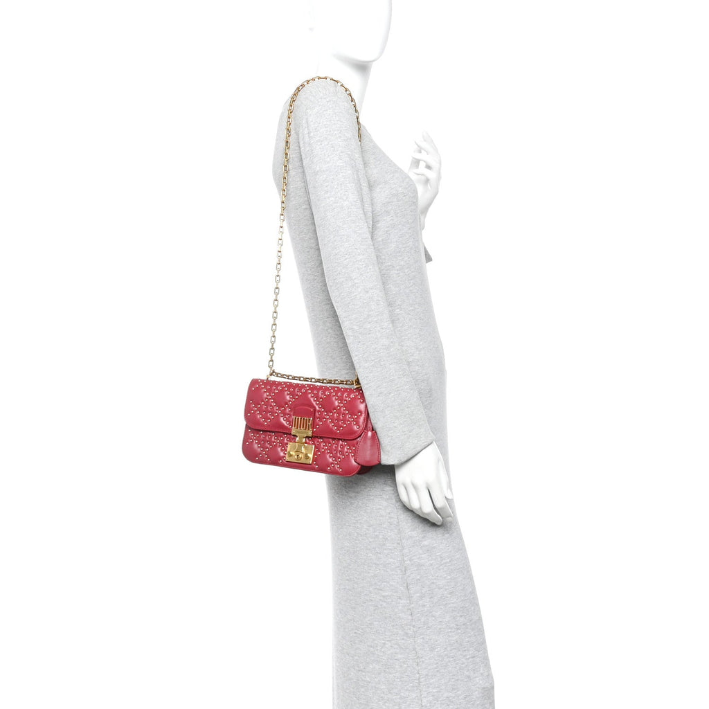Christian Dior Lambskin Cannage Studded Small Dioraddict Flap Bag Red