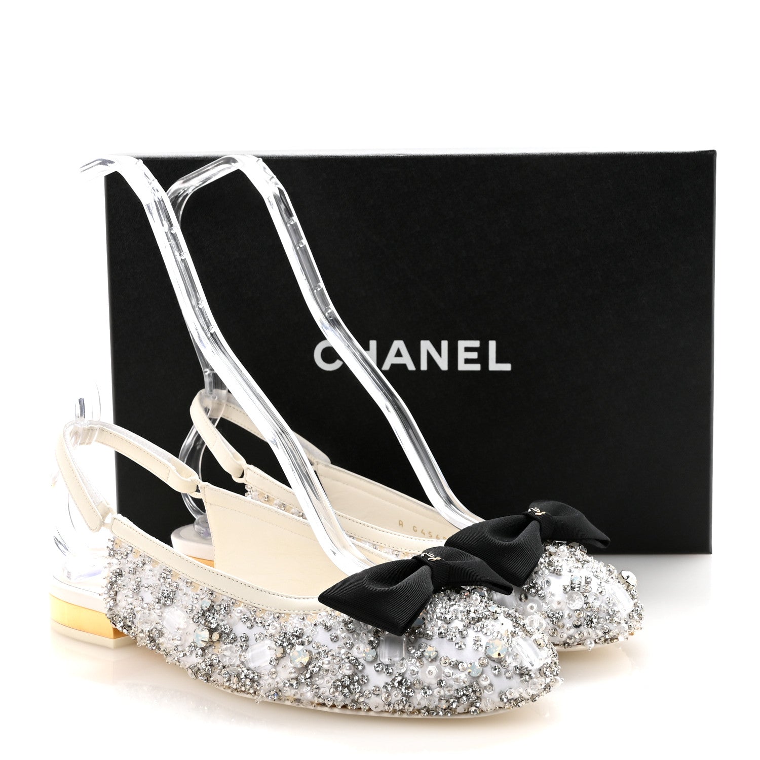 Satin Crystal Lambskin Grosgrain Bow CC Slingback Flats 38.5 White Black