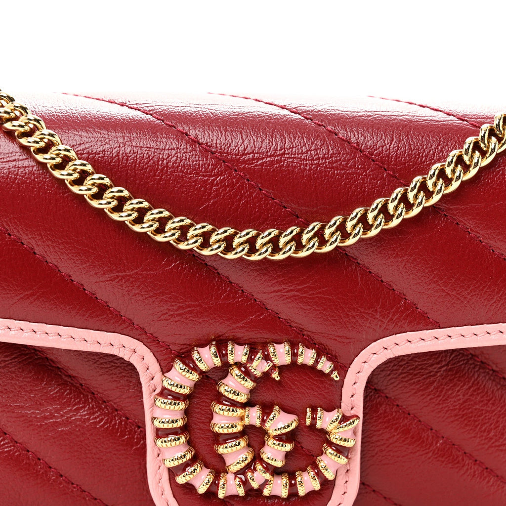Gucci Azalea Calfskin Enamel Matelasse Diagonal Super Mini Torchon GG Marmont Shoulder Bag New Cherry Red Wild Rose