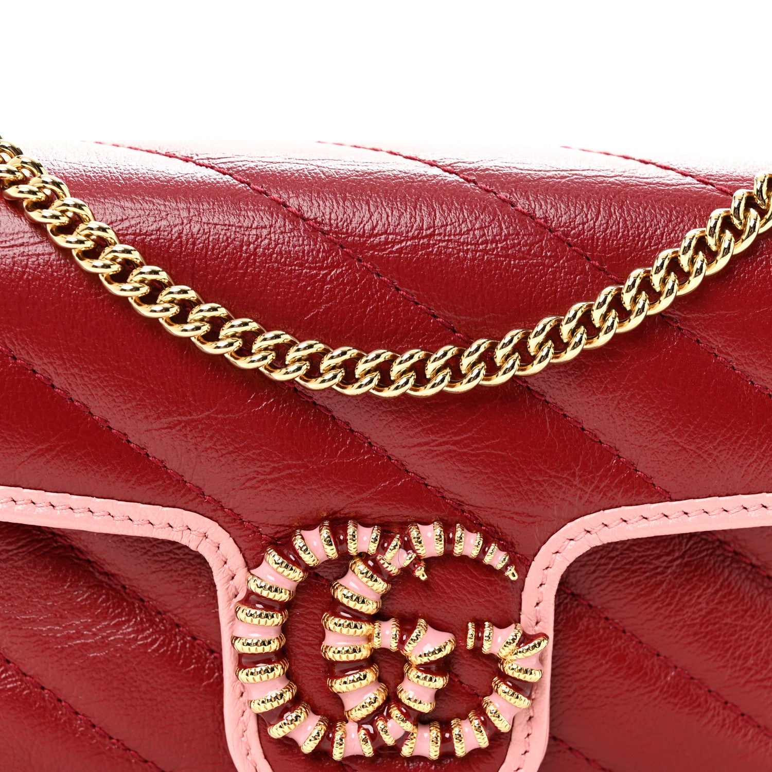 Gucci Azalea Calfskin Enamel Matelasse Diagonal Super Mini Torchon GG Marmont Shoulder Bag New Cherry Red Wild Rose