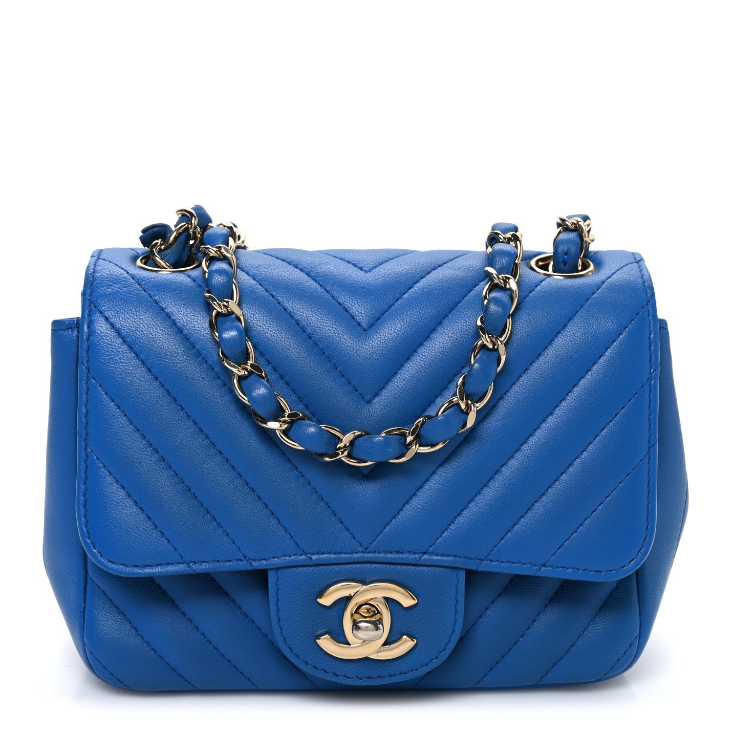Chanel Lambskin Chevron Quilted Mini Square Flap Blue