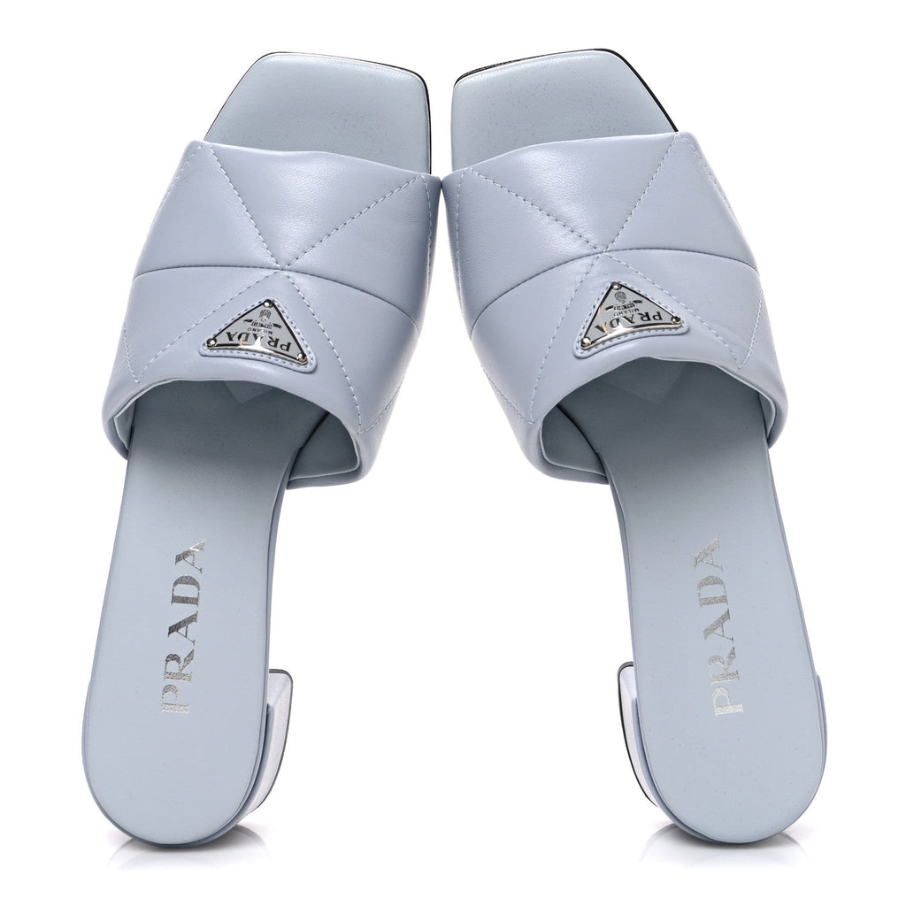 Prada Nappa Metal Triangle Logo Quilted Block Heel Slide Sandals 38 Flordaliso