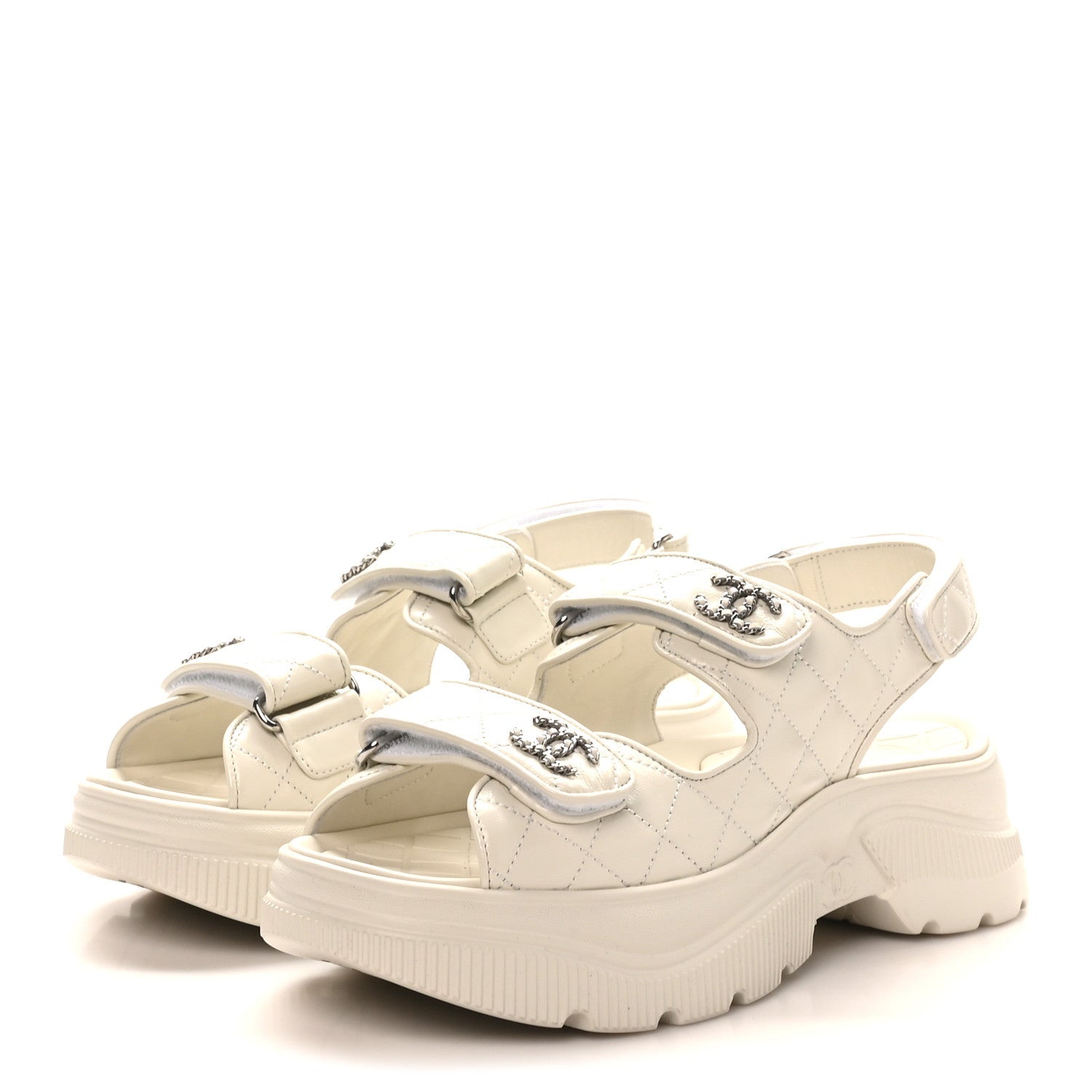 Chanel Shiny Calfskin Chain CC Velcro Dad Platform Sandals 39 White