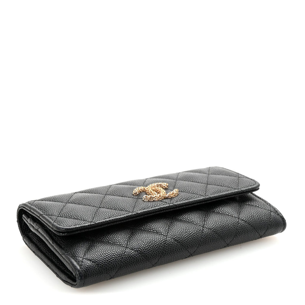 Caviar Metal Perforated Quilted CC Flap Wallet Black