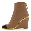 Lambskin Cap Toe Open Wedge Ankle Boots 38.5 Beige Black