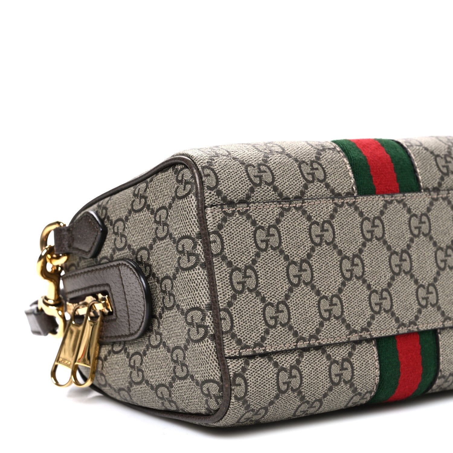Gucci GG Supreme Monogram Textured Dollar Calfskin Web Mini Ophidia Top Handle Bag Beige Ebony New Acero
