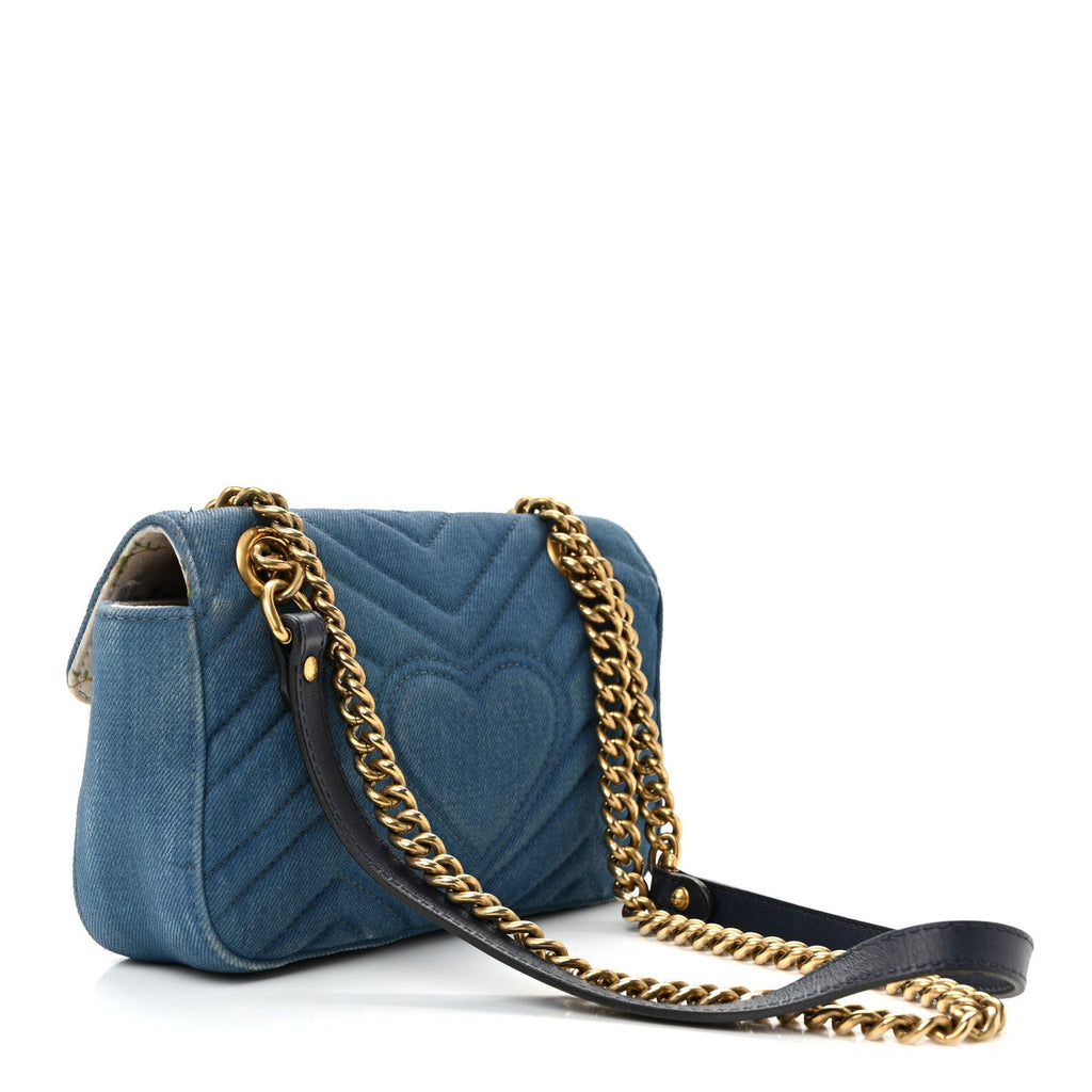 Gucci Denim Matelasse Mini Pearly GG Marmont Shoulder Bag Blue