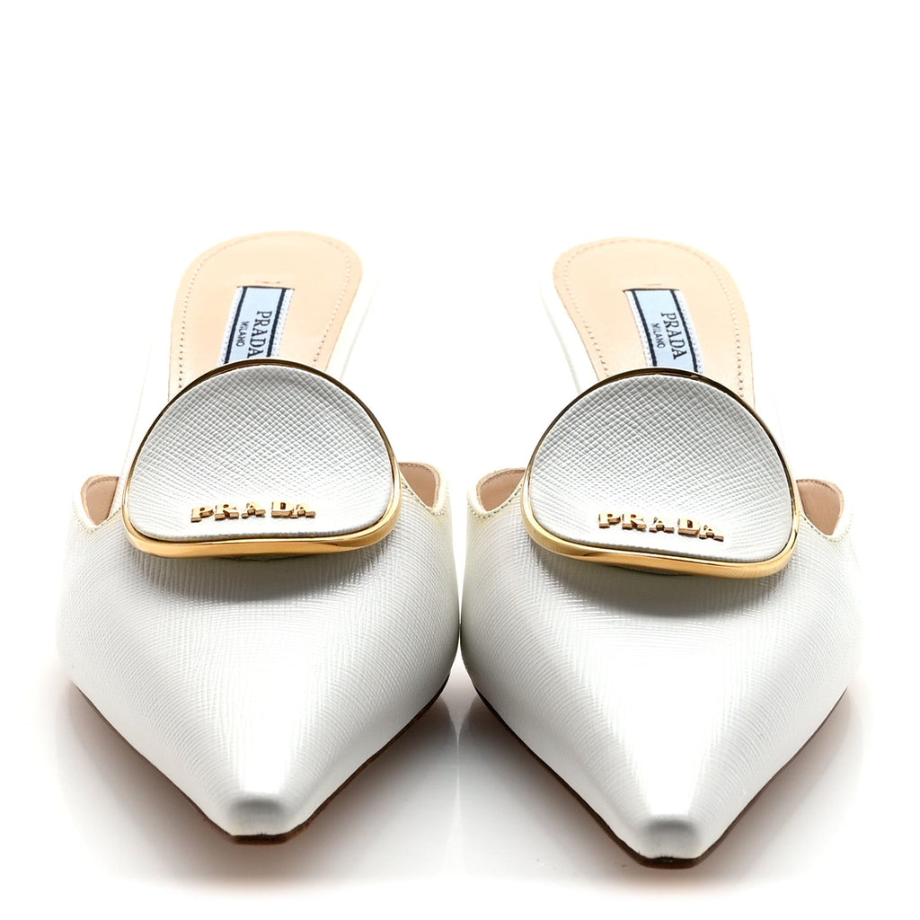 Prada Saffiano Logo Pointed Toe 50mm Mules 36 White