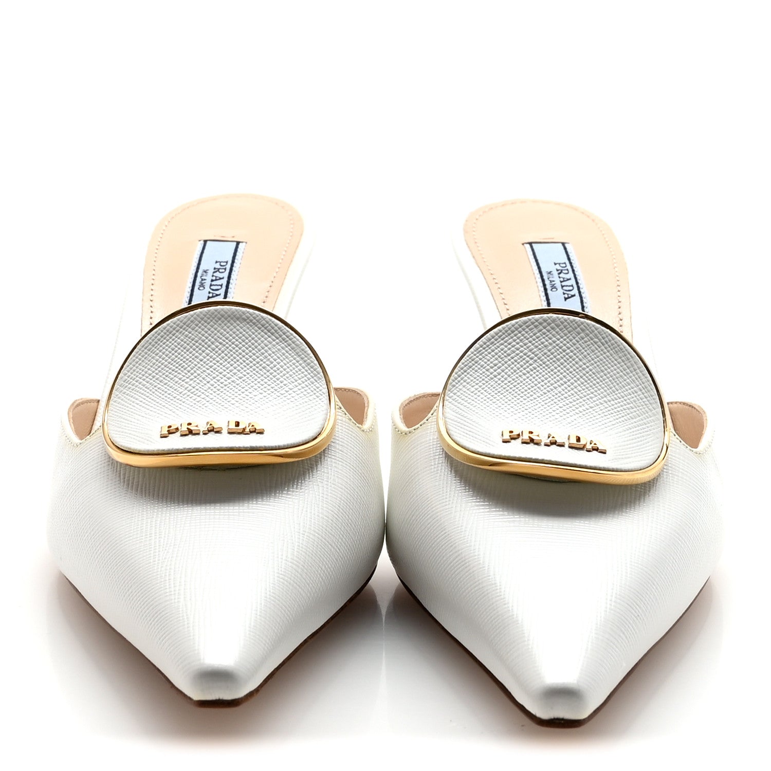 Prada Saffiano Logo Pointed Toe 50mm Mules 36 White