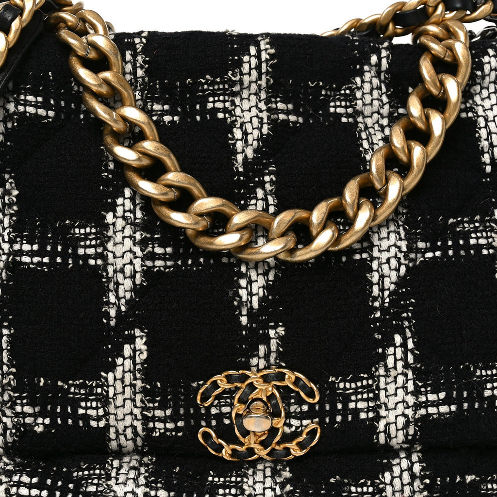 Chanel Tweed Quilted Maxi Chanel 19 Flap Black White