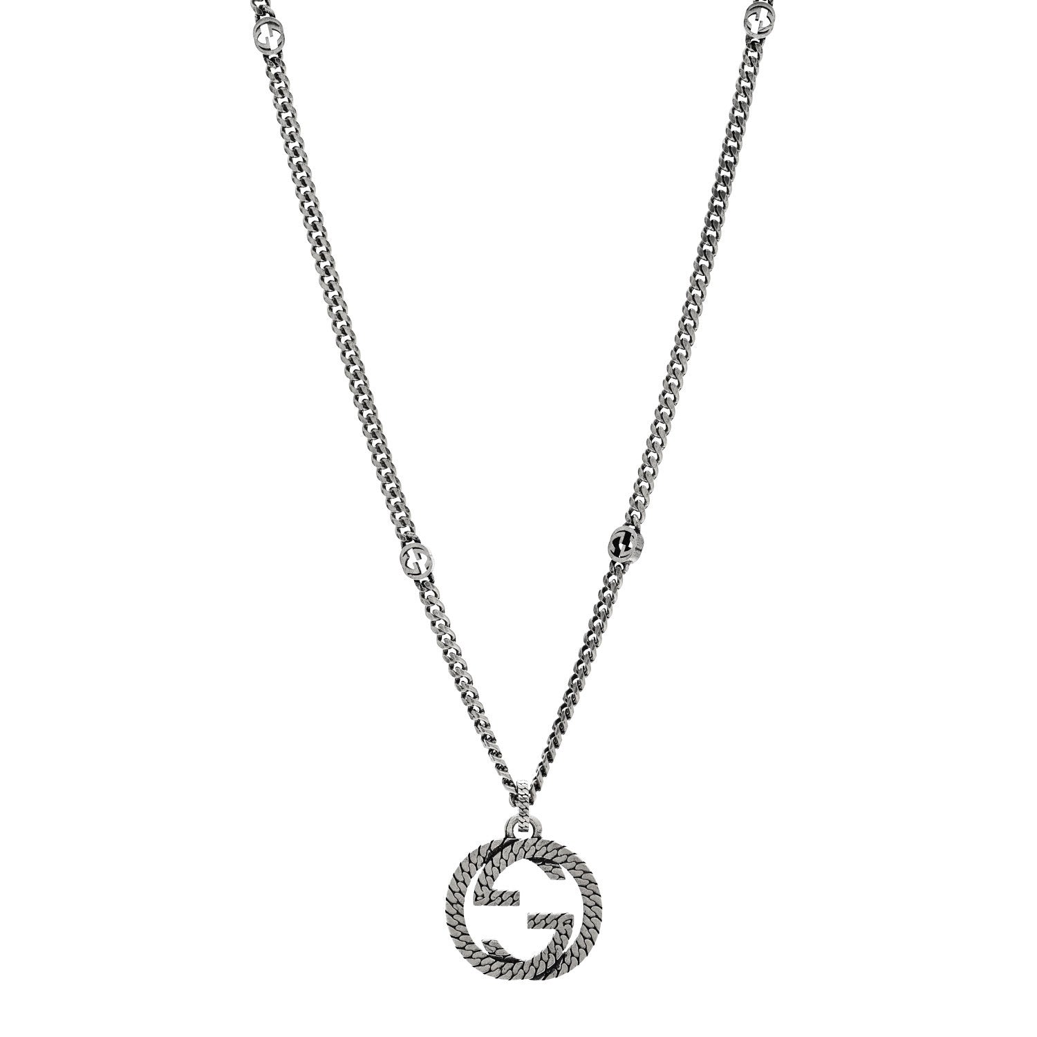 Gucci Sterling Silver Textured Interlocking G Pendant Necklace