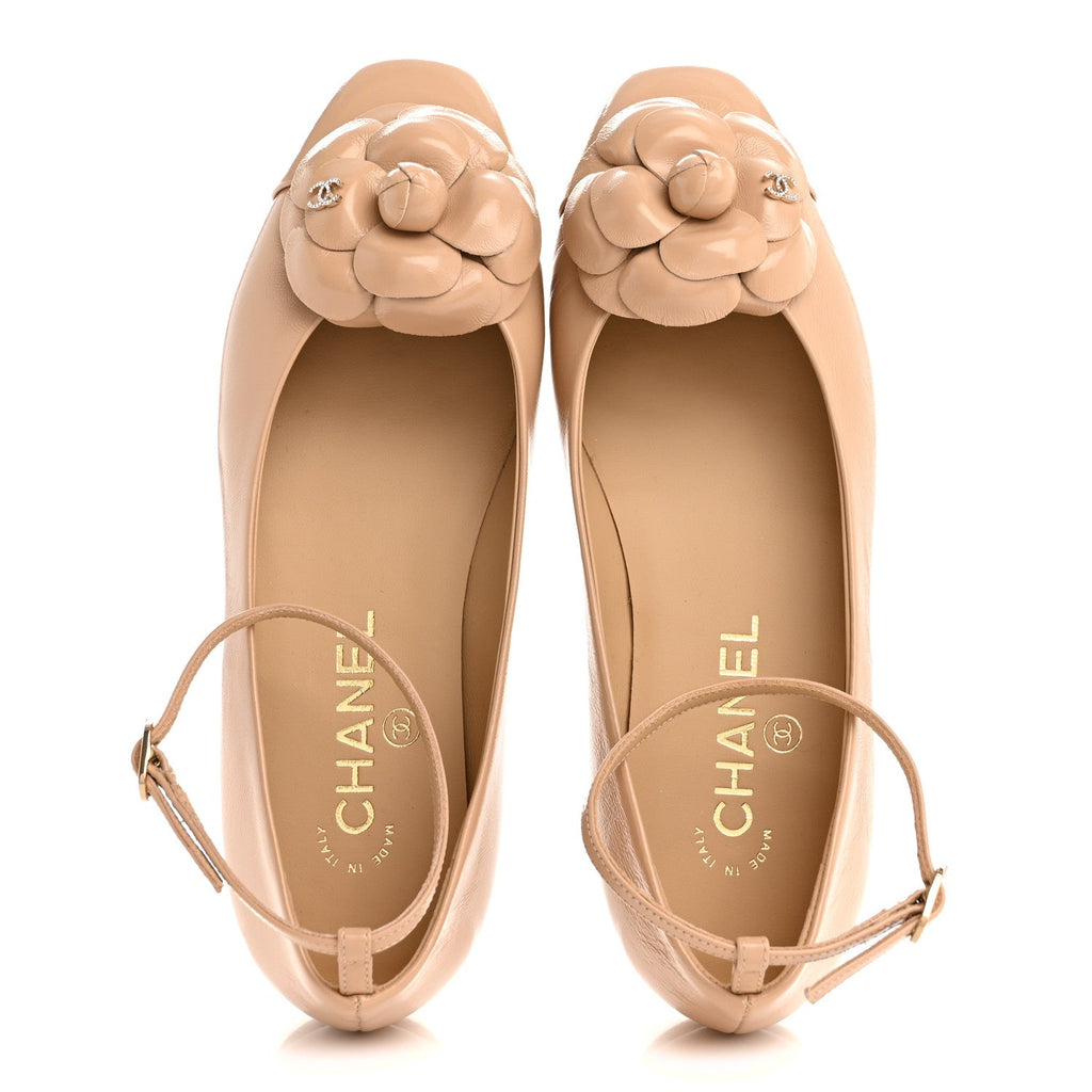 Chanel Shiny Calfskin Camellia Ankle Strap Ballerina Flats 36 Beige