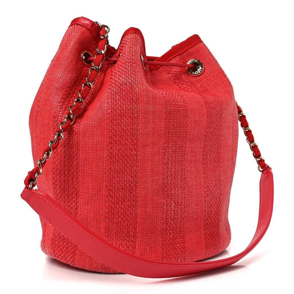 Chanel Mixed Fibers Striped Deauville Drawstring Bag Red