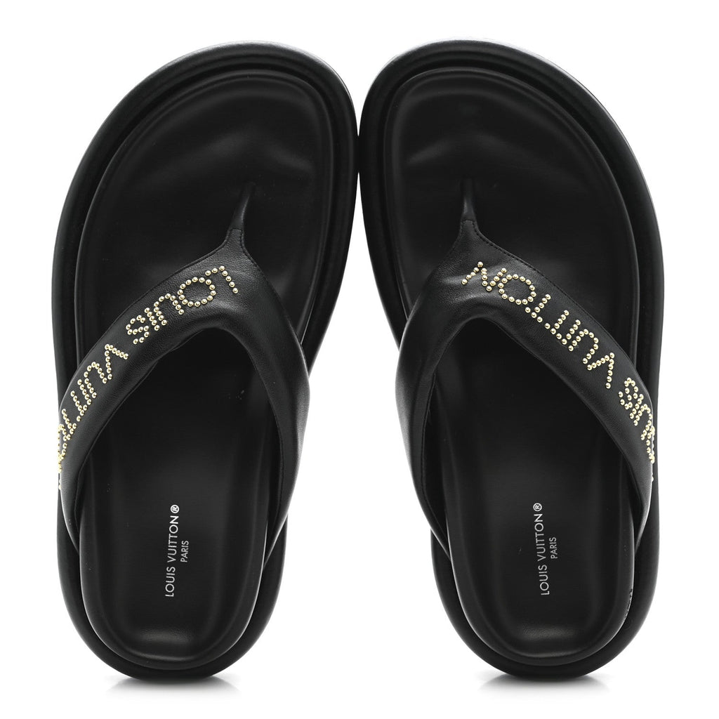 Louis Vuitton Calfskin Logo Studded Pillow Flat Thong Sandals 35 Black
