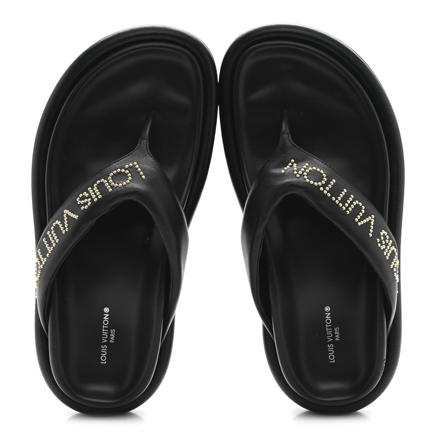 Louis Vuitton Calfskin Logo Studded Pillow Flat Thong Sandals 35 Black