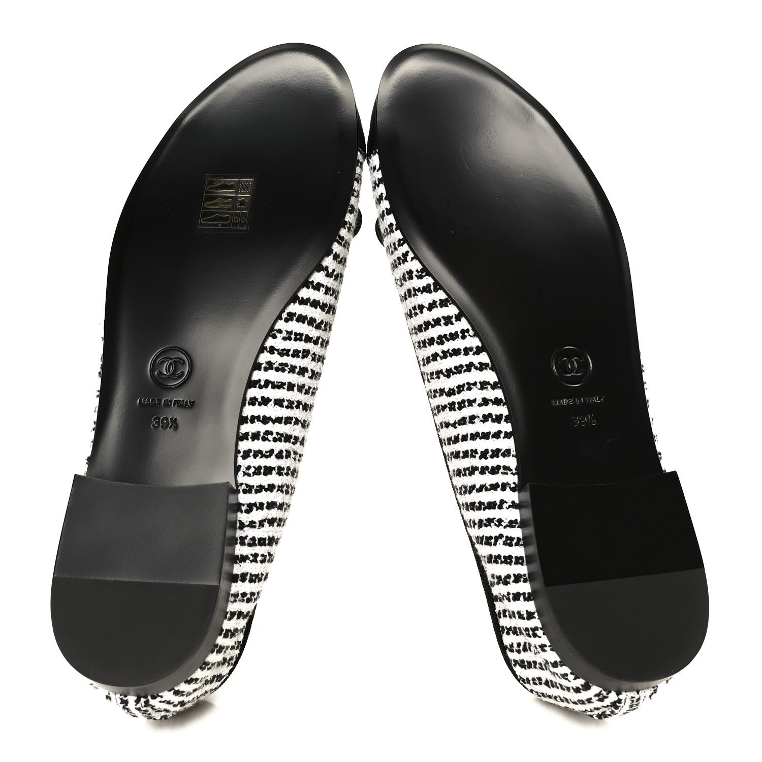 Chanel Tweed Sequin Grosgrain Cap Toe Ballerina Flats 39.5 Black White