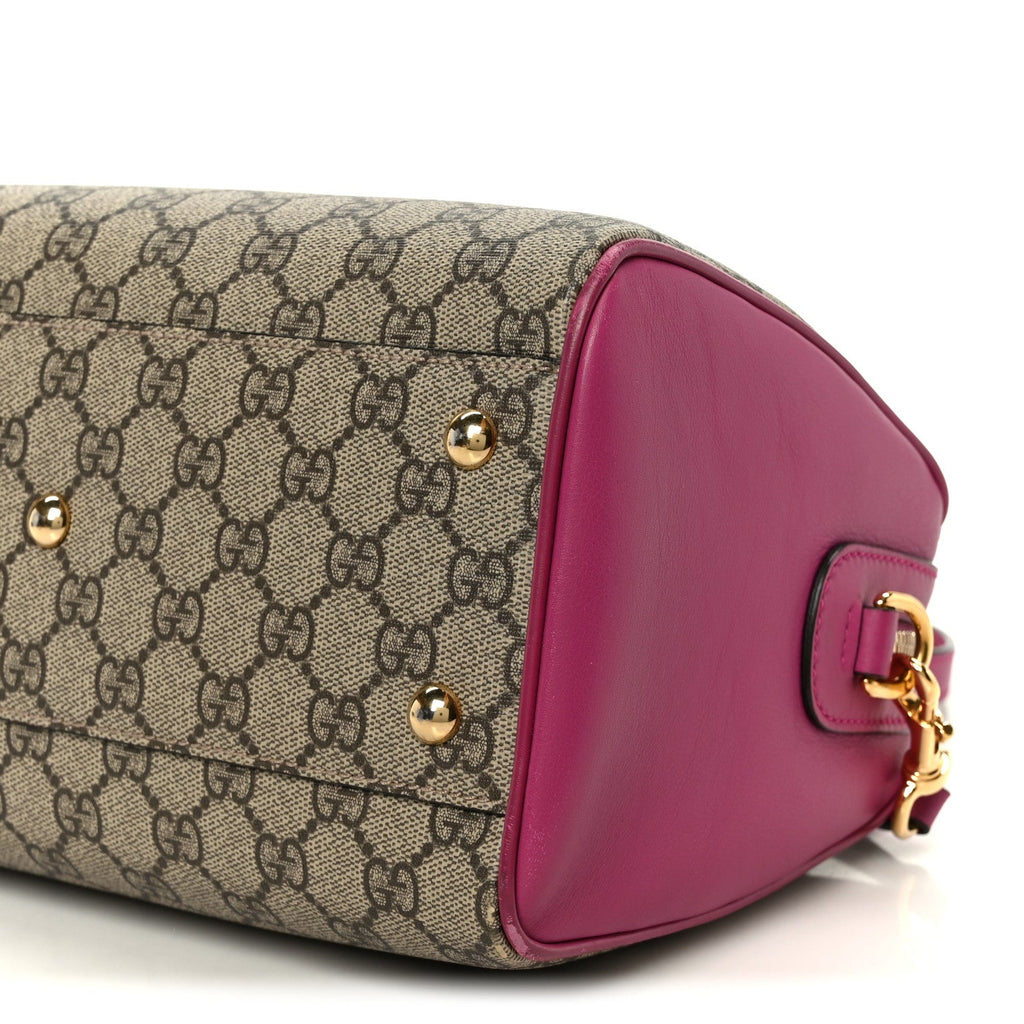 Gucci GG Supreme Monogram Moon Calfskin Small Boston Beige Ebony Hibiscus Red New Rosette