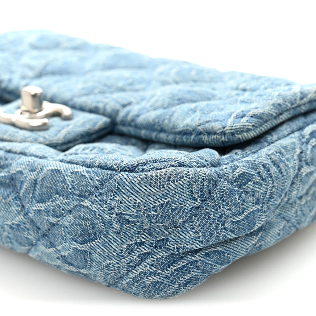 Chanel Denim Quilted Camellia Sweetheart Mini Rectangular Flap Blue