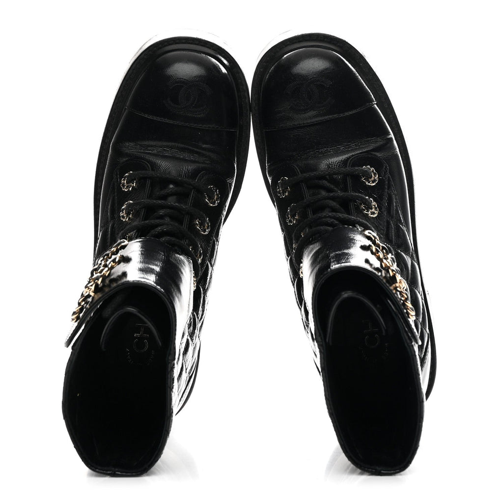 Chanel Shiny Goatskin Calfskin Quilted Lace Up Combat Boots 37 Black