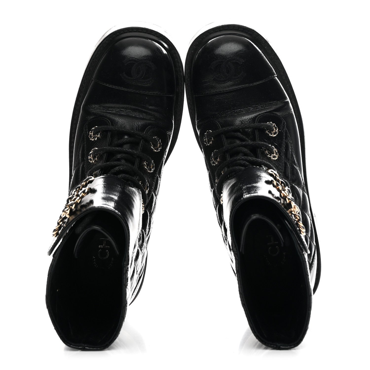 Chanel Shiny Goatskin Calfskin Quilted Lace Up Combat Boots 37 Black