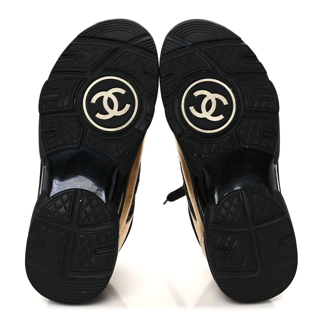 Satin Lambskin Fabric Tweed CC Sneakers 35.5 Gold Black