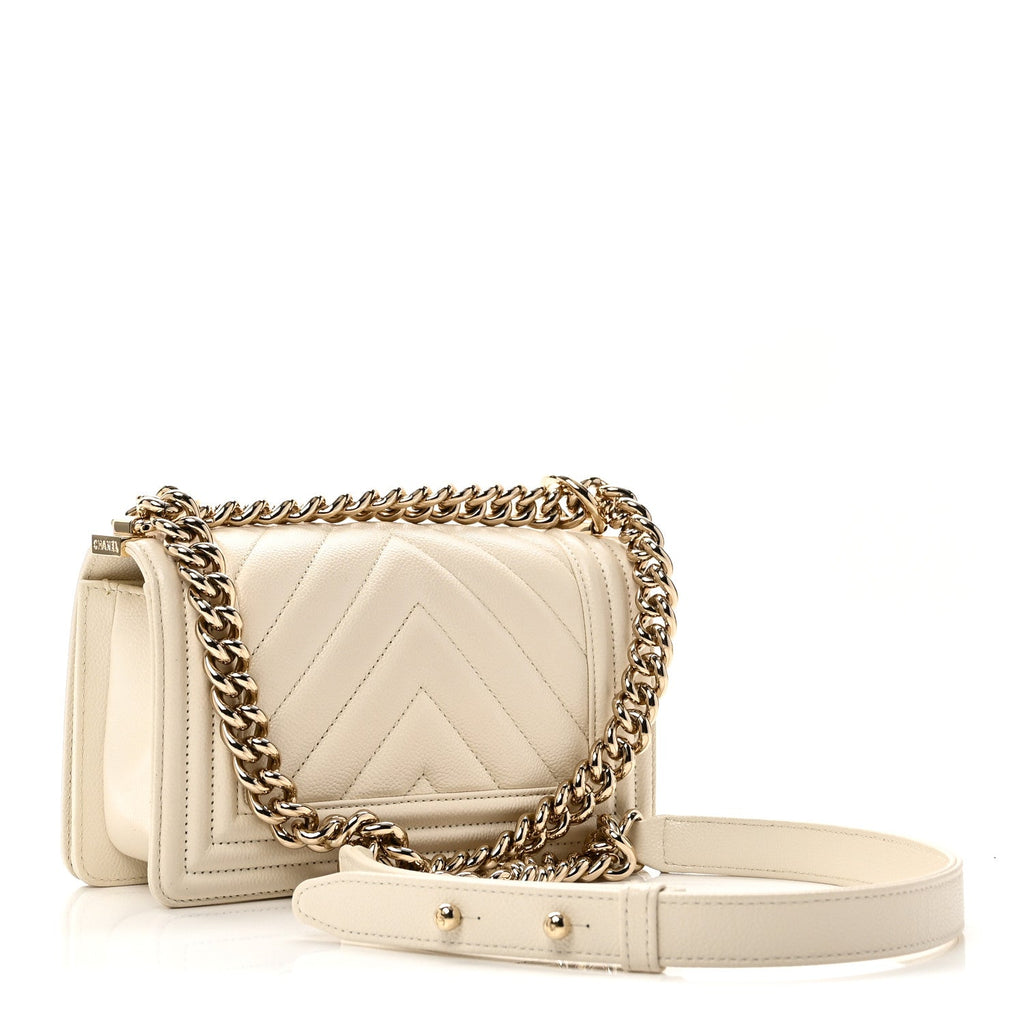 Chanel Caviar Chevron Quilted Small Boy Flap White