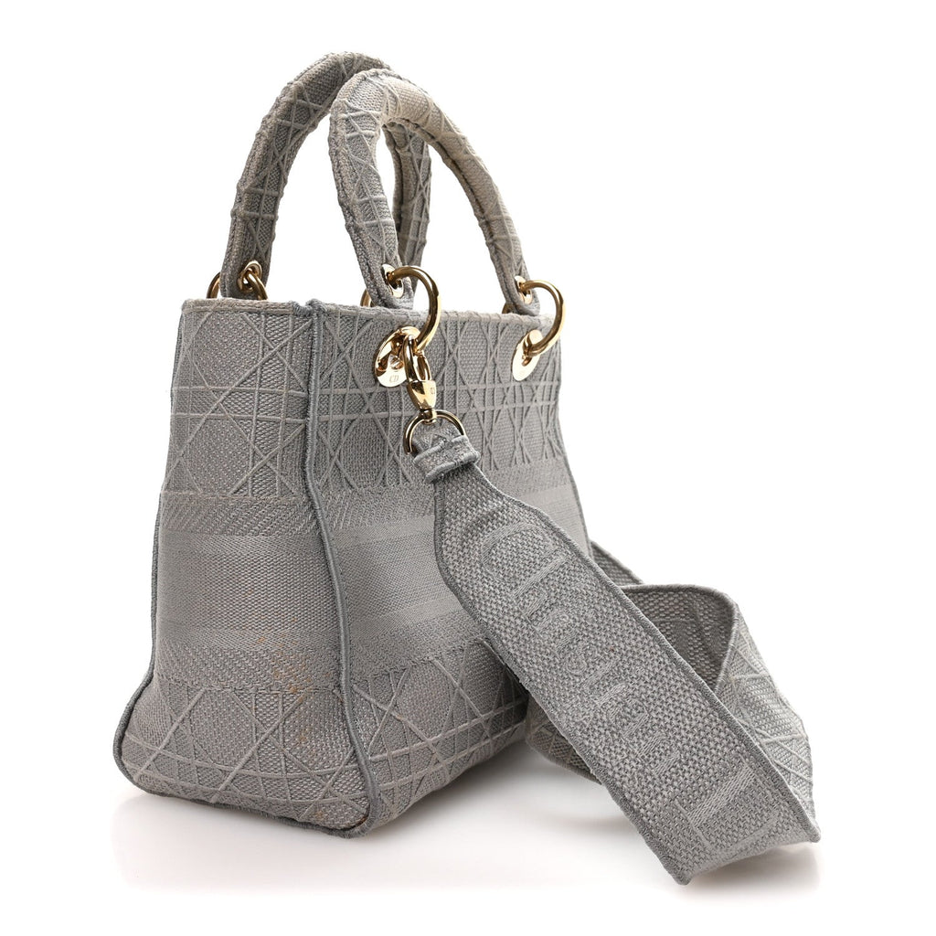Christian Dior Canvas Embroidered Cannage Medium Lady D-Lite Gray