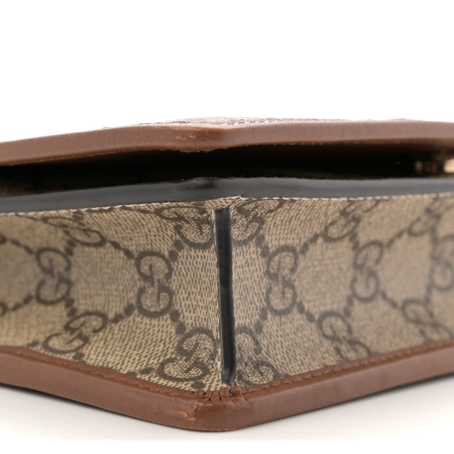 Gucci GG Supreme Monogram Textured Calfskin Emblem Super Mini Shoulder Bag Beige Dark Brown