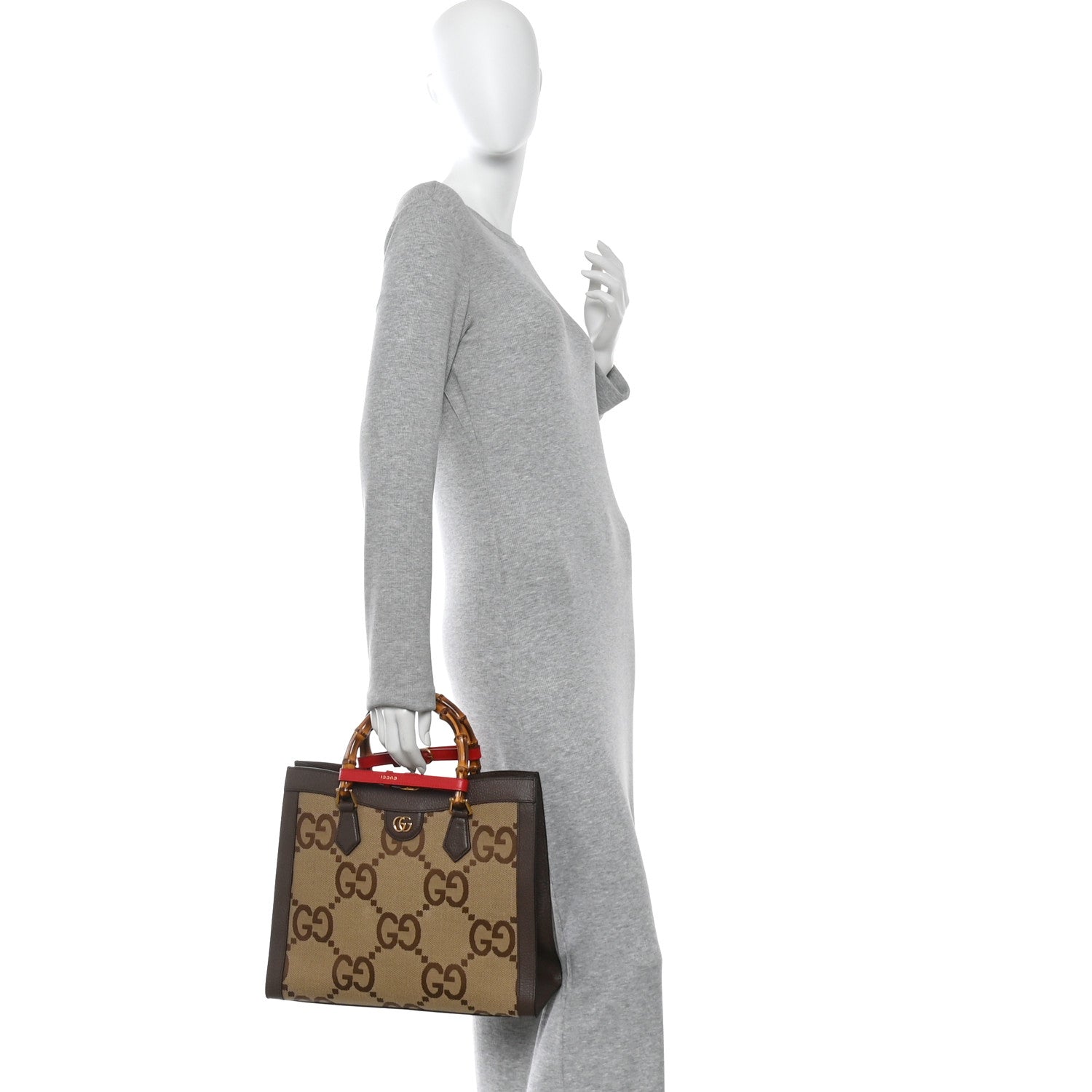 Gucci Monogram Jumbo GG Textured Dollar Calfskin  Medium Diana Tote Bag Camel Ebony New Acero Pomegranate Red