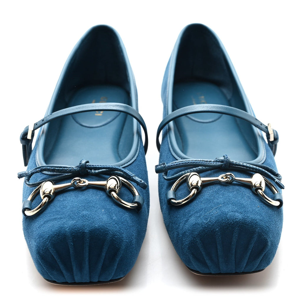 Gucci Kid Scamosciato Horsebit Ballet Flats 37.5 Deep Acqua