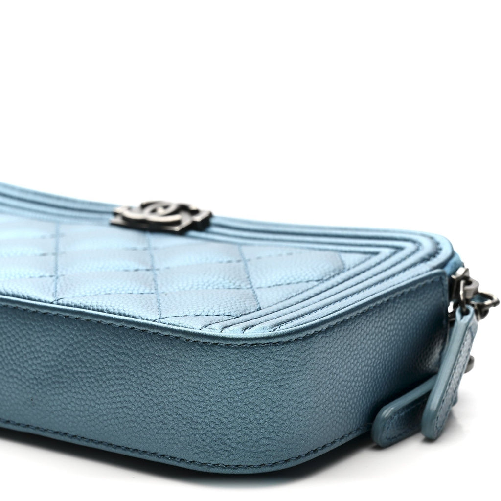 Chanel Metallic Caviar Quilted Small Boy Clutch With Chain Turquoise