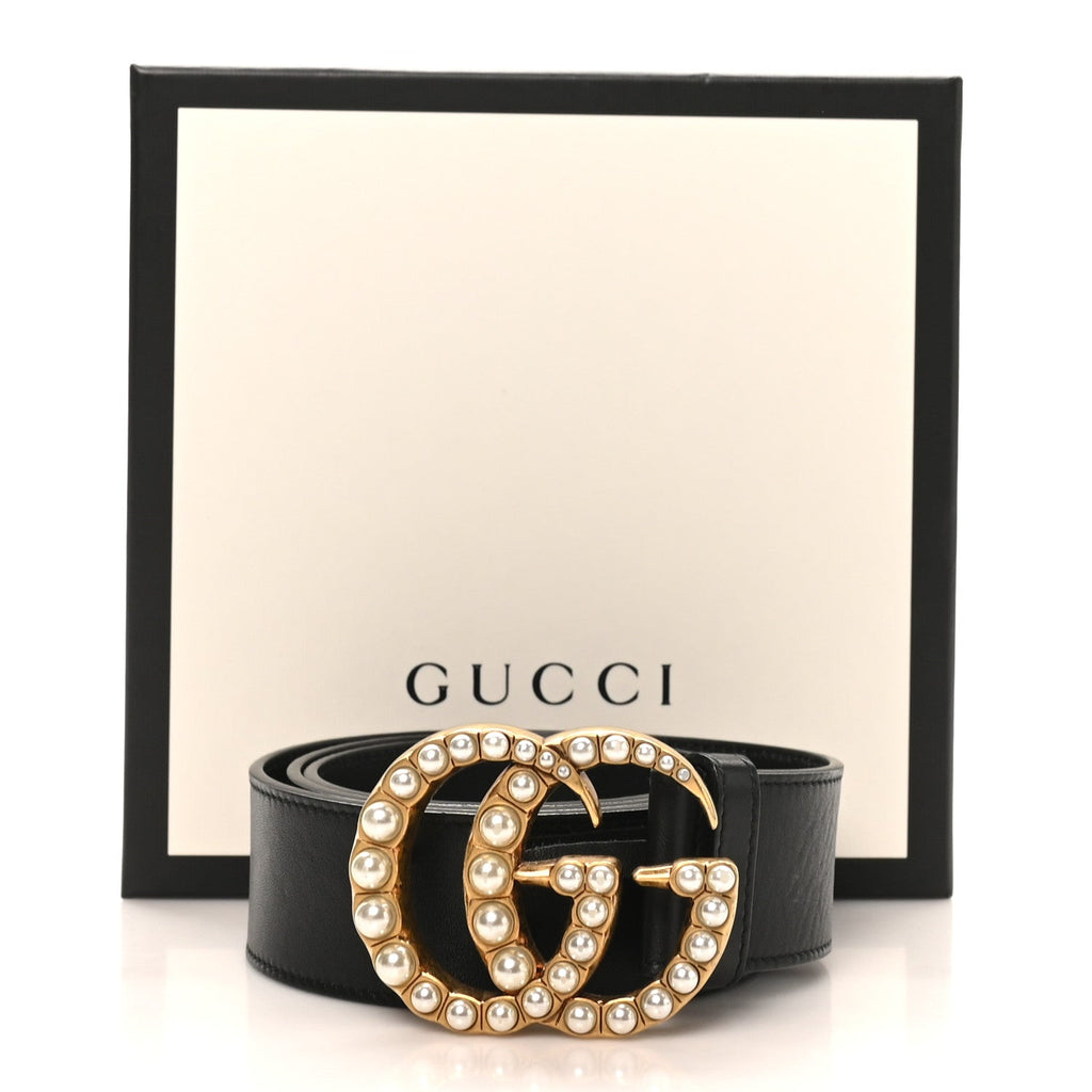 Gucci Moon Calfskin Pearl Double G 40mm Belt 90 36 Black Cream