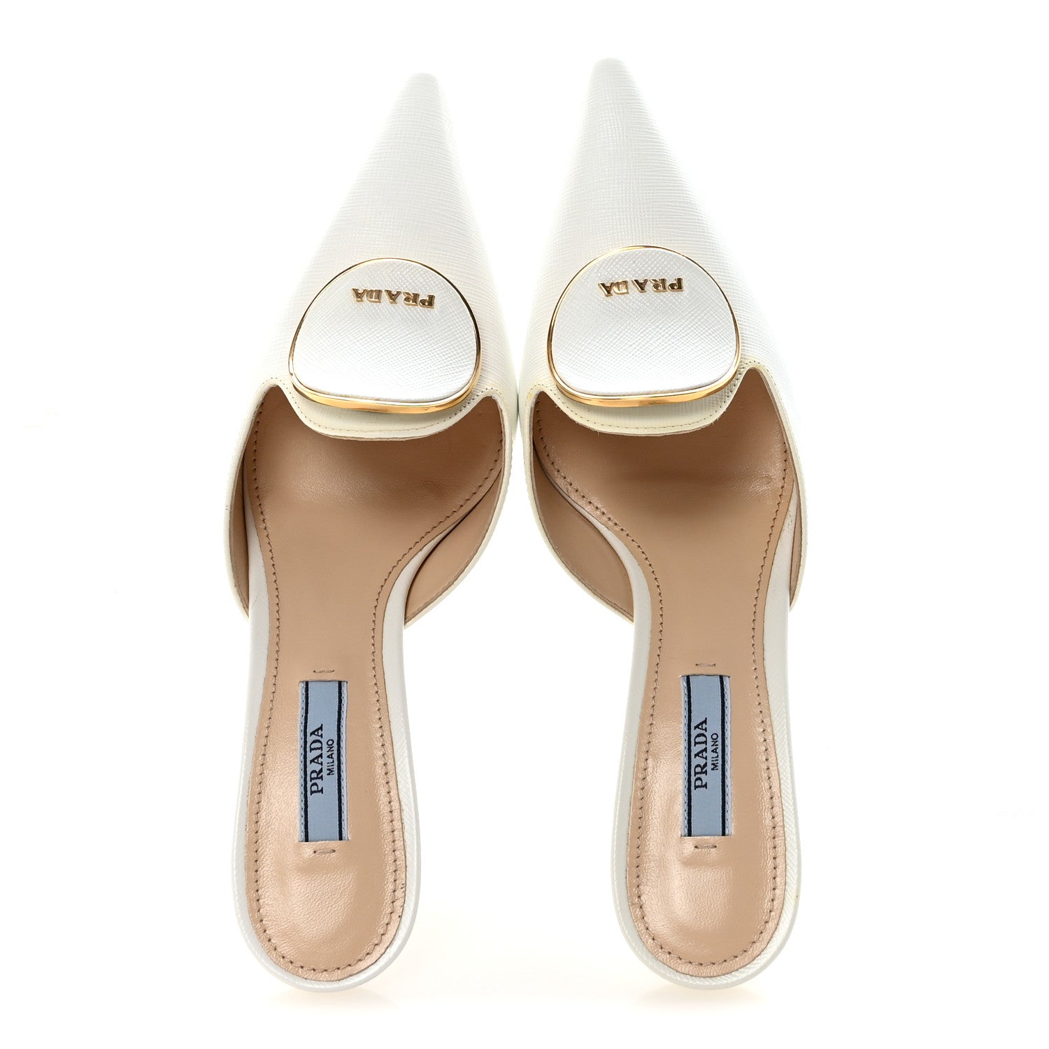 Prada Saffiano Logo Pointed Toe 50mm Mules 36 White