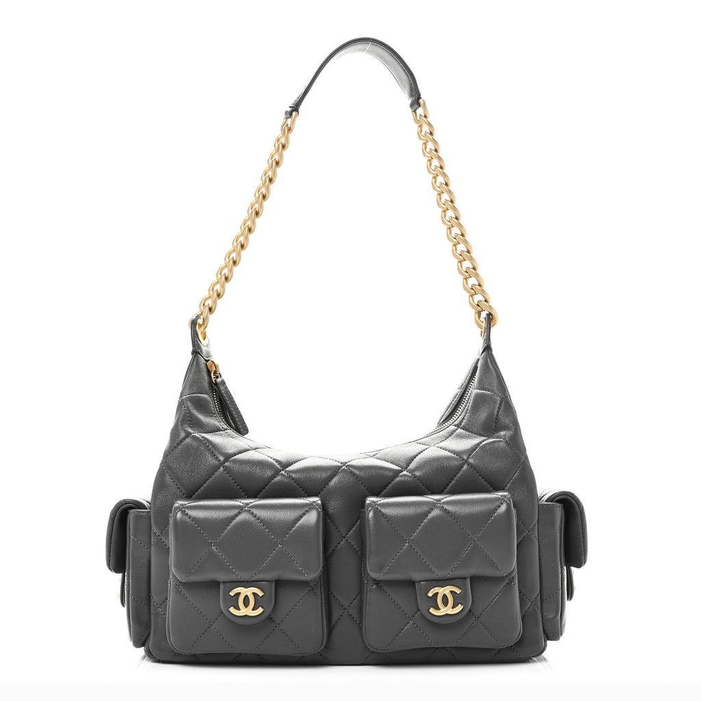 Chanel Shiny Lambskin Quilted Large Trendy Pockets Hobo Grey
