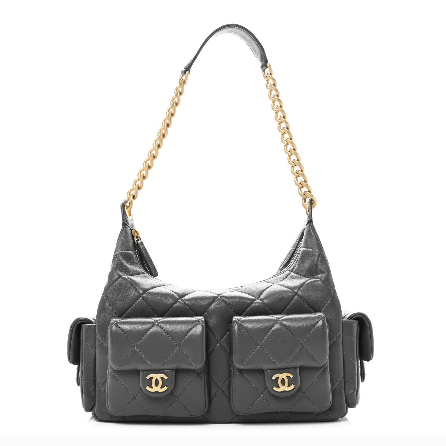 Chanel Shiny Lambskin Quilted Large Trendy Pockets Hobo Grey