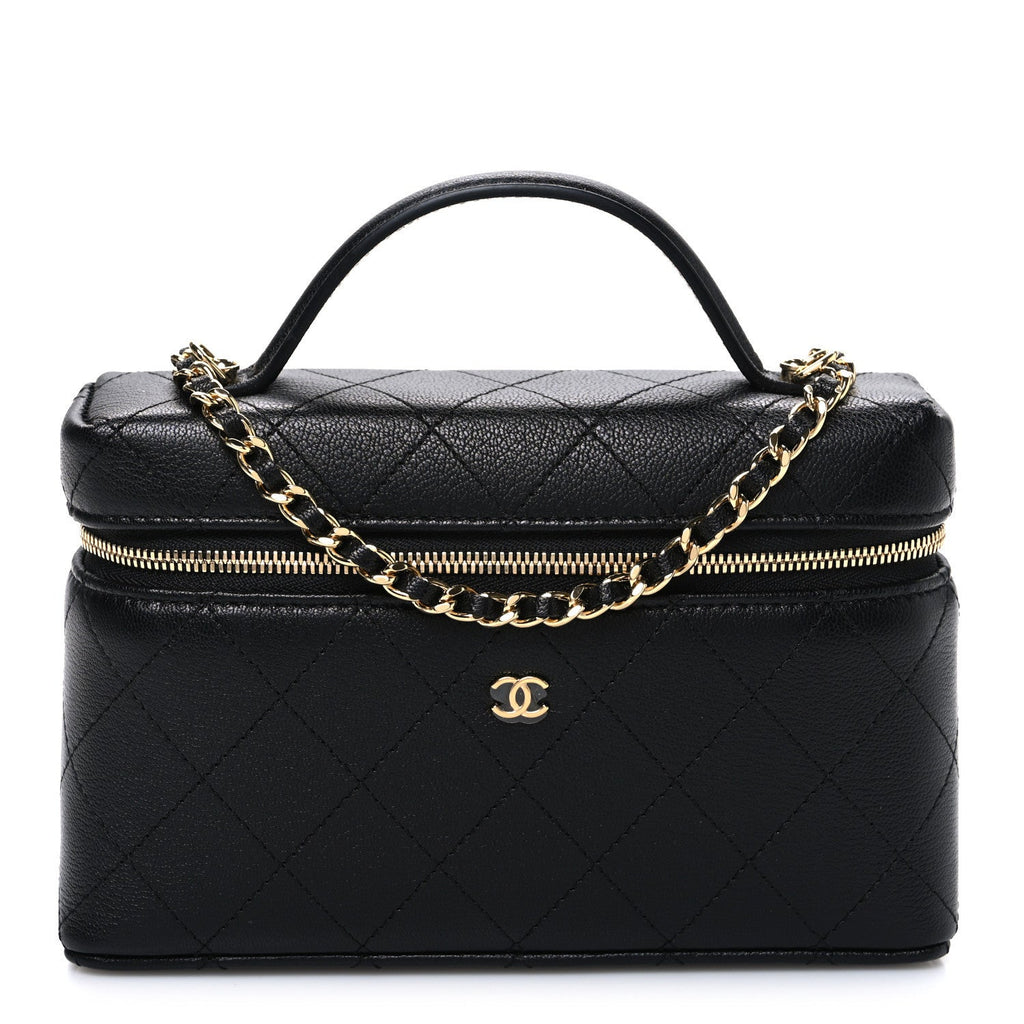 Chanel Goatskin Stitched Top Handle Slim Vanity With Chain Black