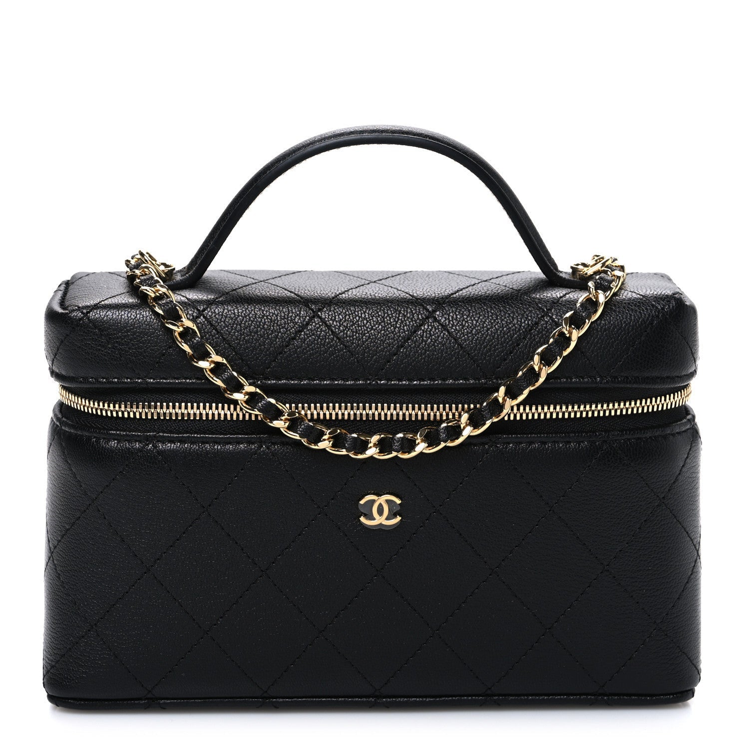 Chanel Goatskin Stitched Top Handle Slim Vanity With Chain Black