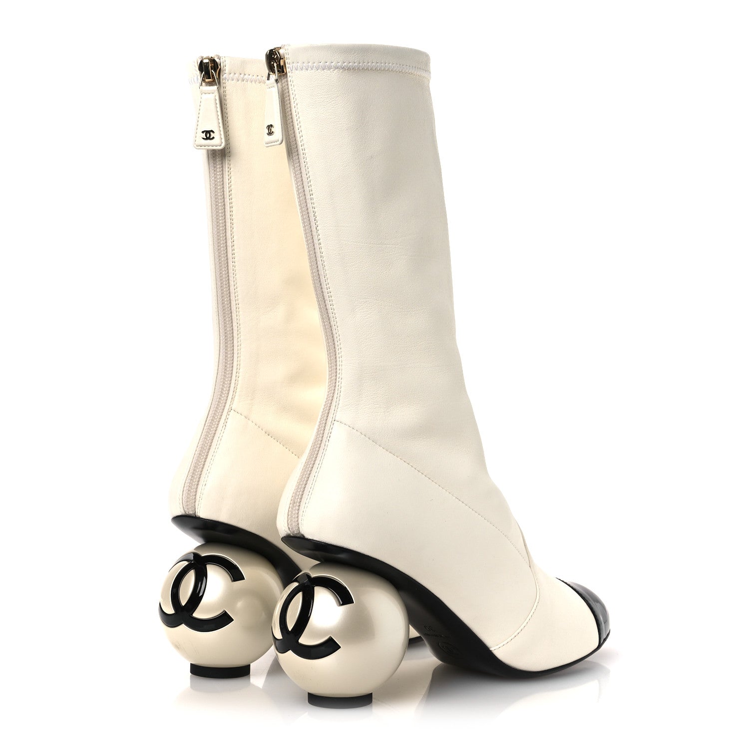 Chanel Stretch Lambskin Patent Cap Toe Pearl Ball Mid Calf Boots 39 White Black