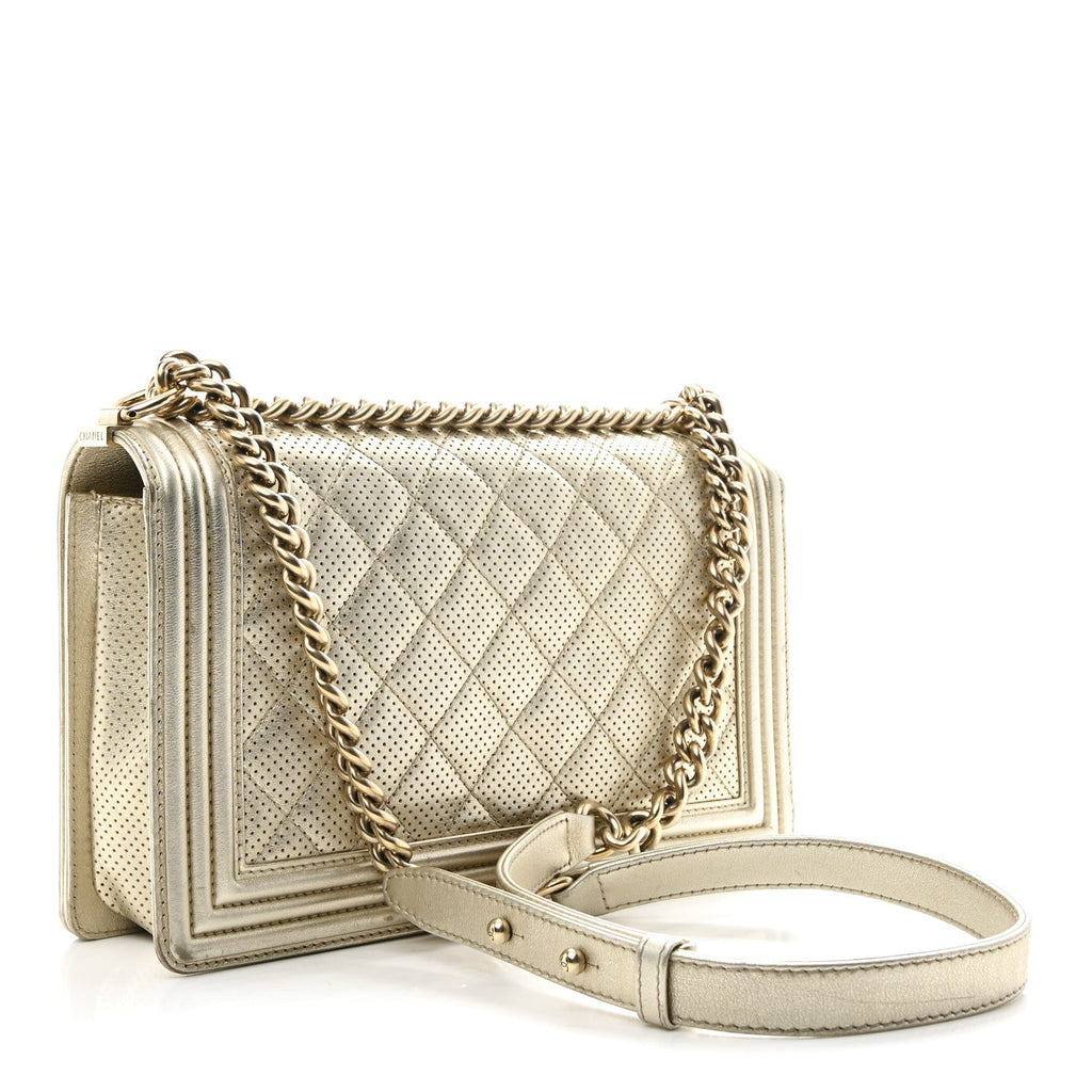 Chanel Lambskin Perforated Quilted New Medium Boy Flap Gold