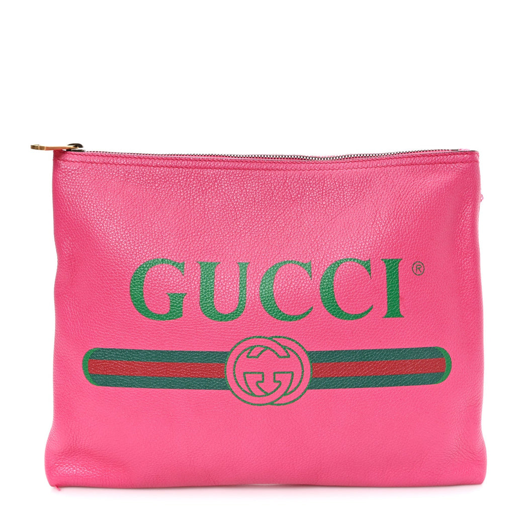 Gucci Pebbled Calfskin Medium Logo Portfolio Clutch Pink Green