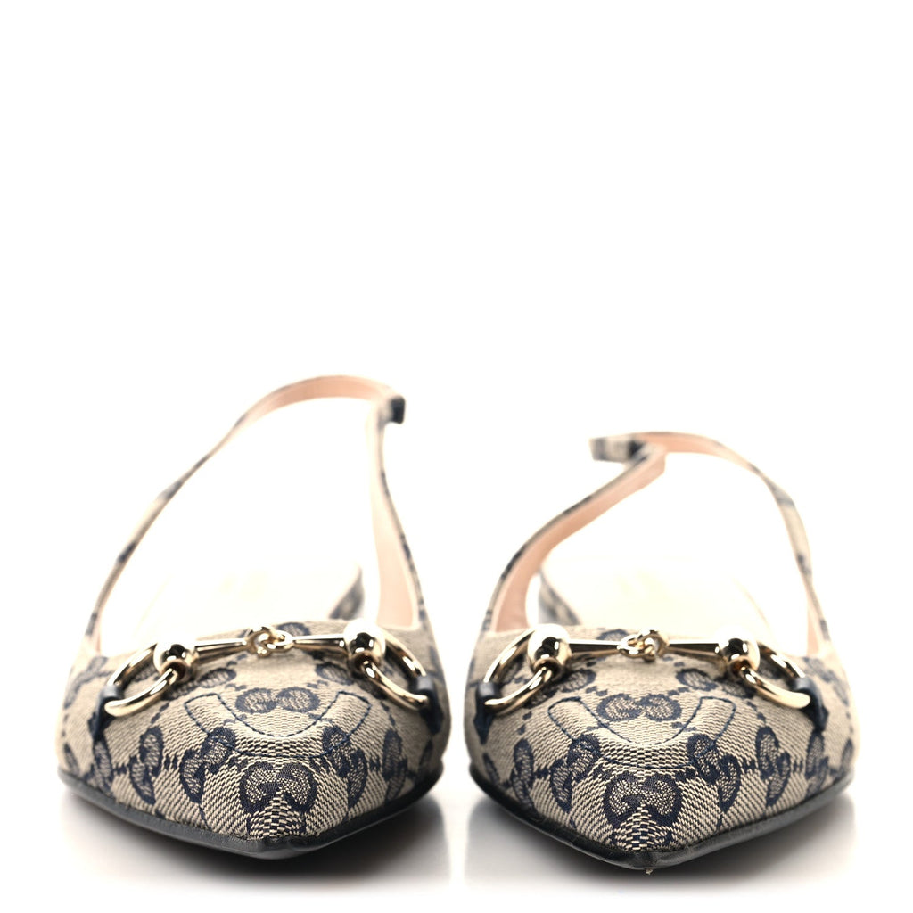 Gucci Monogram Horsebit Womens Slingback Ballet Flat 37.5 Beige Blue