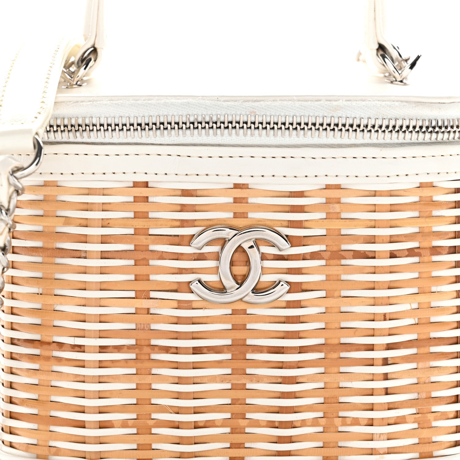 Chanel Calfskin Raffia Small Vanity Case Bag White Beige